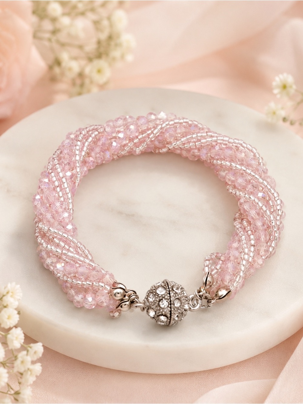 Pink Beaded Magnetic Bracelet – 7 inches